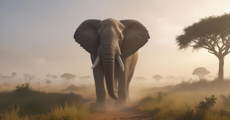 Obraz premium Giant elephant emerges from morning mist, vast savannah , view, animal