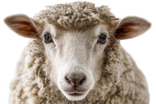 Closeup portrait of a fluffy sheep with brown eyes and soft wool pet farm on transparent background