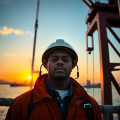 Obraz premium Port of Durban crane operator at sunset, steel cables framing face, cinematic 