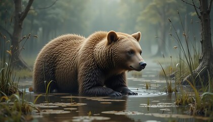 Obraz premium Brown Bear's Peaceful Wetland Haven: A Harmony of Wildlife and Nature's Bounty prey swamp water fauna