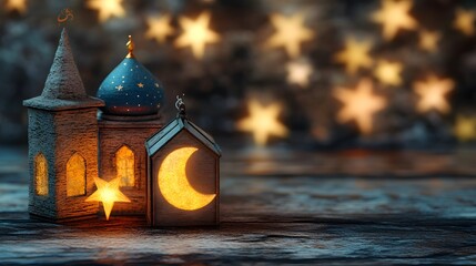 Fototapeta premium Luminous Ramadan Mosque and Crescent Moon Lanterns
