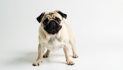 A single, fluffy pug poses against a pure white backdrop , cute, relaxed dog, brown pug