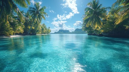 Tropical island scene. Clear turquoise water with palm trees and bright blue sky. Relaxing beach with sunshine reflecting on the water surface.