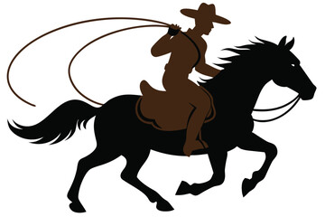 Naklejka premium A running horse with cowboy and lasso silhouette vector, Cowboy with lasso in his hand on galloping horse vector symbol.