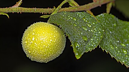 Dew Drops on Green Fruit and Leaves Close Up Macro Photography