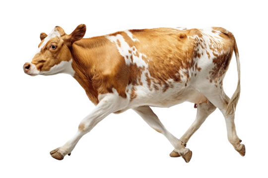 Young brown and white cow running dynamically isolated on calf farm beef on transparent background