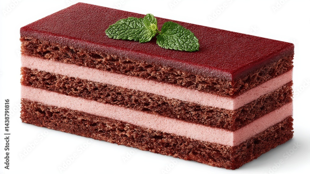 Poster rectangular slice of chocolate sponge cake with visible layers and mint leaf garnish on white surfac