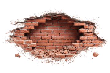 Broken red brick wall hole background texture design element old aged on transparent background