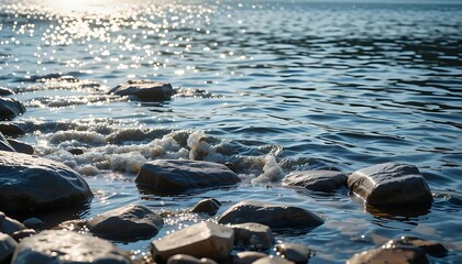Serene Riverbank: Shimmering Rocks, Dancing Water, Mesmerizing Reflections, Idyllic Shore, Tranquil 