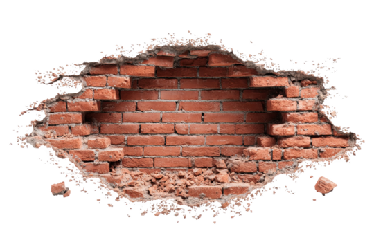 Broken red brick wall hole background texture design element old aged on transparent background