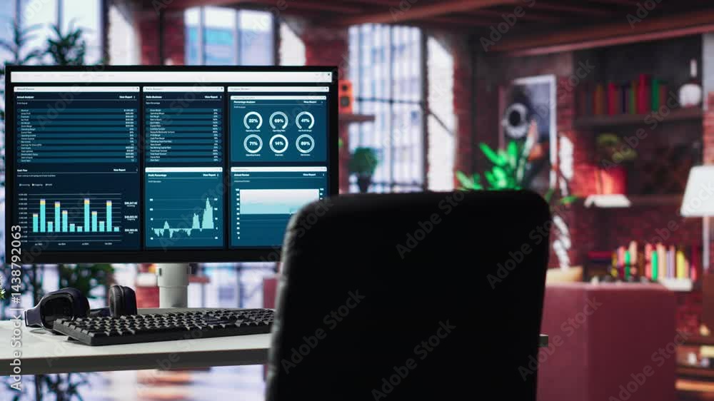 Poster loft with computer displaying seo trends and targeted data insights, spacious luxury apartment home 