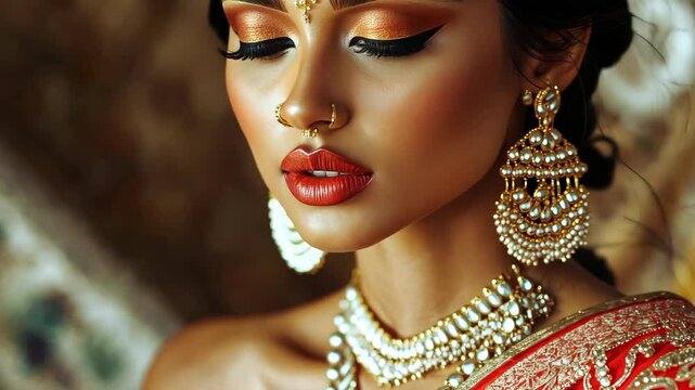 Elegant bridal portrait: traditional indian beauty with red saree and gold jewelry