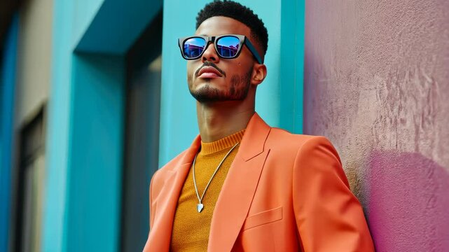 Confident urban style: man in orange suit and sunglasses against colorful wall