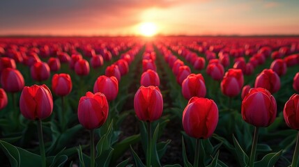 Red tulips grow in field. Sunset shines above flowers. Many blooms exist. Rows are uniform. Natural scene for backgrounds. Floral presentation for projects.