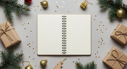 Plan Your 2025 Goals: New Year's Resolutions Notebook Mockup, Flat Lay Christmas Planning Design,   