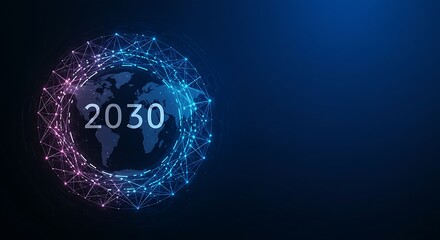 Global Network Connection: Futuristic Technology Vision. Abstract Dark Blue Background. Circle      