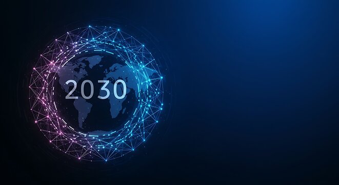 Global Network Connection: Futuristic Technology Vision. Abstract Dark Blue Background. Circle      