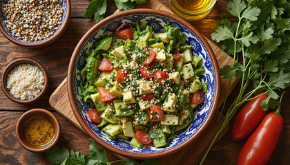 Colorful tabbouleh salad with quinoa in decorative bowl