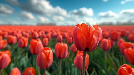 Red tulips field. Many flowers in outdoor setting under nice sky. Floral landscape and spring colors. Bloom in garden with no people.