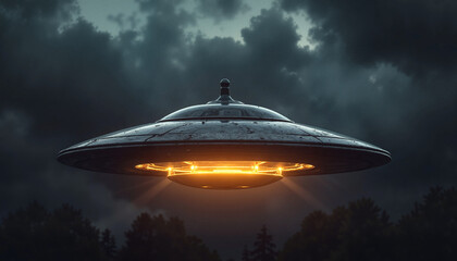Glowing UFO hovering over dark forest at night