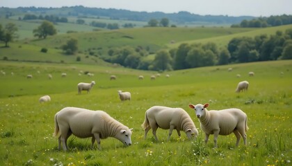 Fototapeta premium Peaceful Sheep Grazing in Verdant Meadow: A Bucolic Rural Scene of Tranquility and Harmony with 