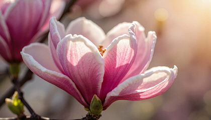 Blooming pink magnolia flower in sunlight
