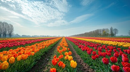Flower field scene. Rows of colorful tulips stretching to the horizon under a clear blue sky with clouds. A bright, vibrant view of nature.