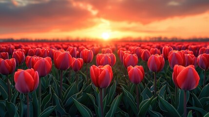 Red tulips field during sunset. Many flowers bloom. Evening landscape with setting sun. Spring time scenery with vibrant colors.
