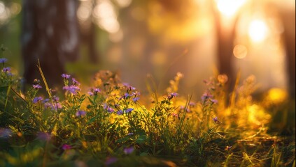Beautiful flowers in the forest at sunrise with a blurred background