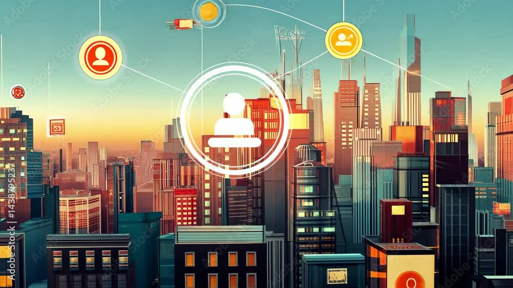 Poster digital networking over futuristic cityscape with icons illustrating connectivity and technology