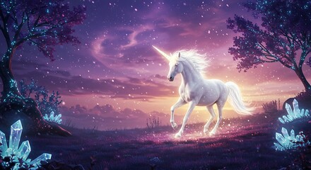 Glowing Unicorn Gallops Mystical Landscape: Shimmering Lights Fantasy Background horse stars night  