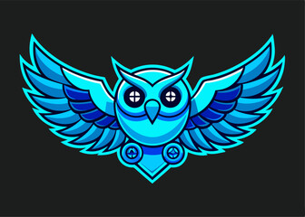 Obraz premium Cybernetic Owl Logo: A futuristic, stylized owl logo design, featuring a vibrant blue robotic owl with metallic wings spread wide, set against a dark background. The design is bold, dynamic.