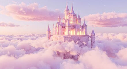 A beautiful fairytale castle, nestled above the clouds in a pastel-colored, dreamy sunset.