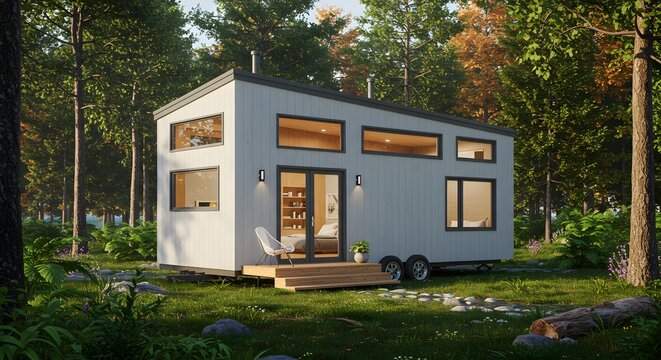 A stylish, modern tiny home set in a vibrant green forest, offering a peaceful retreat experience.