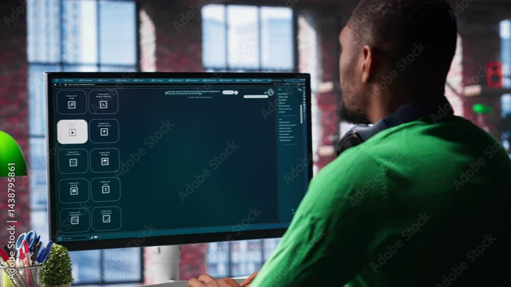 Poster computer screen displays digital visuals generated through ai. young person uses software combining 