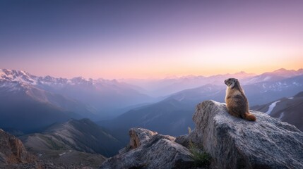 a marmot sitting on top of a mountain peak at dawn, overlooking beautiful mountains