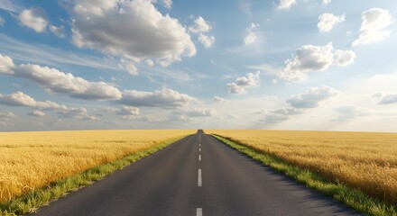 A long road ahead through fields of golden wheat, leading to the distant horizon, under a bright blue sky.
