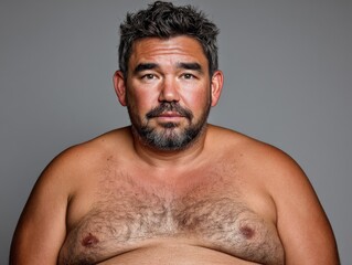 Obraz premium Shirtless man with intense expression and messy hair against neutral gray background depicting raw masculinity identity and vulnerability in stark straightforward portrait style