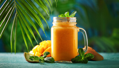tropical exotic smoothie decorated with mint and fruit in a glass jar on a background with palm leaves