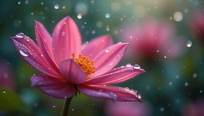 Fototapeta premium Dew-Kissed Petals: A Dance of Raindrops on a Flower wet soft plant bloom macro fresh water earth 