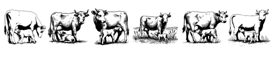 Set collection of vintage black and white ink illustrations of mother cows nursing calves, isolated on white background, rustic countryside farm sketch style.