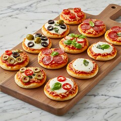Rustic Wooden Board with Mini Pizzas: A Delicious Variety of Gourmet Toppings on Marble food basil  