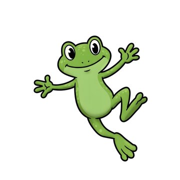 Cartoon illustration of a green frog with arms and legs outstretched on a white background