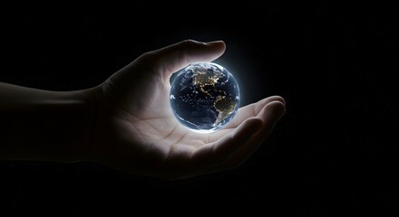 A luminous globe rests gently in a human hand, symbolizing care for our planet in the vast darkness.