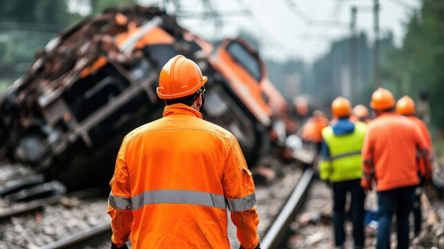 Emergency Response Team Assessing Train Derailment at Accident Site