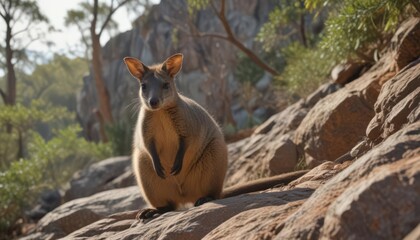 Rock wallaby in its natural habitat, Queensland, vegetation, marsupial
