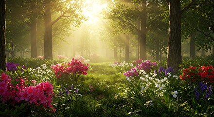 Enchanted Forest: Sunlit Meadow, Vibrant Blooms, Lush Greenery Background trees nature leaves spring