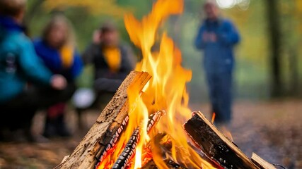 Vibrant campfire gathering in forest setting with friends enjoying the outdoors
