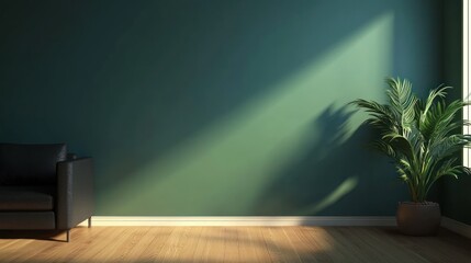 Modern living room, sunlight, green wall, plant, minimalist interior design