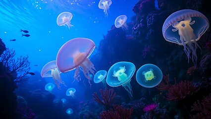Luminescent Jellyfish: Surreal Underwater Glow Background sea art ocean marine nature design vibrant
